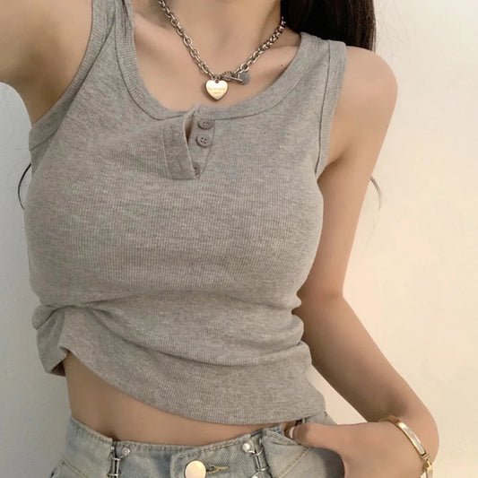Casual Button Tank Top – Basic Ribbed Blouse for Summer
